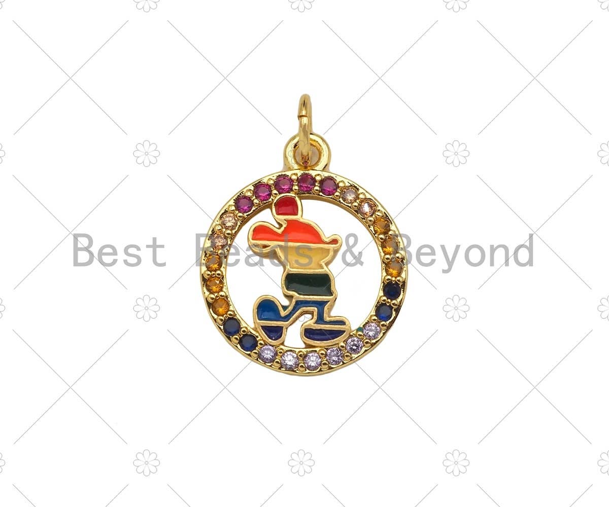 Colorful CZ Micro Pave Enamel Mickey On Round Ring Shape Pendant,Gold Colorful Enamel Charm, Necklace Bracelet Charm,14x17mm,Sku#JL35