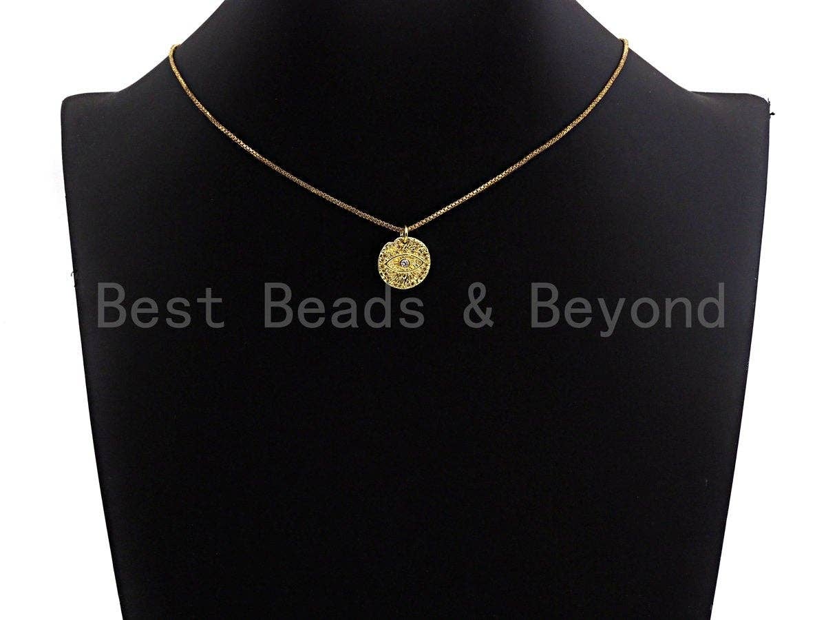 Clear CZ Micro Pave Evil Eye on Disc Pendant/Charm, Embossment Brass Lucky eye Cubic Zirconia Pendant, Gold Tone, 15mm,Sku#Z765