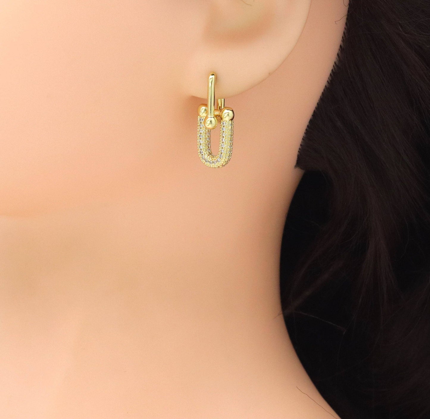 Clear CZ Gold U Oval Shape Hoop Earrings, Sku#LD671