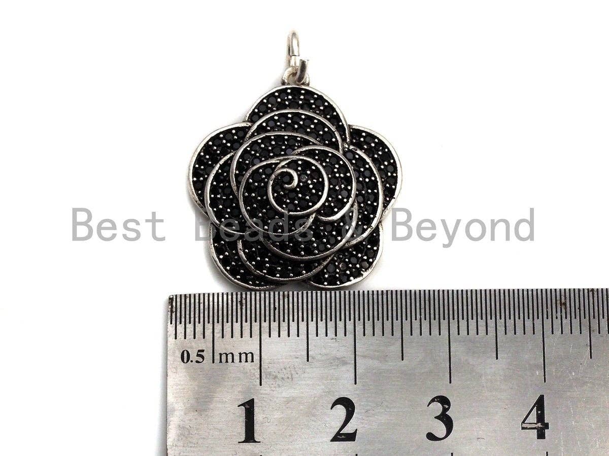 CZ Micro Pave Rose Flower Shape Pendant, Antique Silver Tone, Cubic Zirconia Pave Flower Charm Pendant, 23x25mm,sku#F1029C