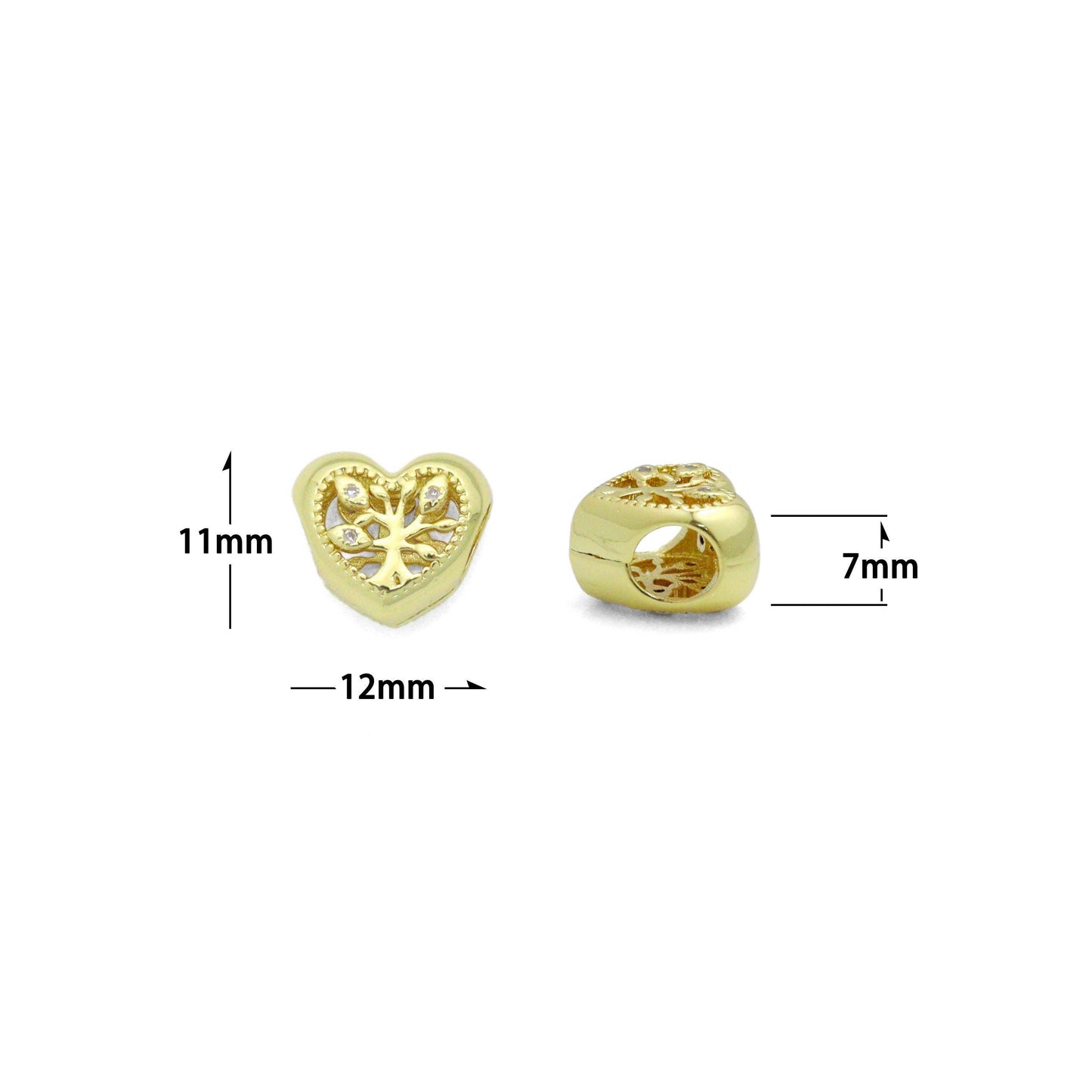 CZ Gold Hollow Out Tree On Heart Big hole Spacer Bead, Sku#LK1186