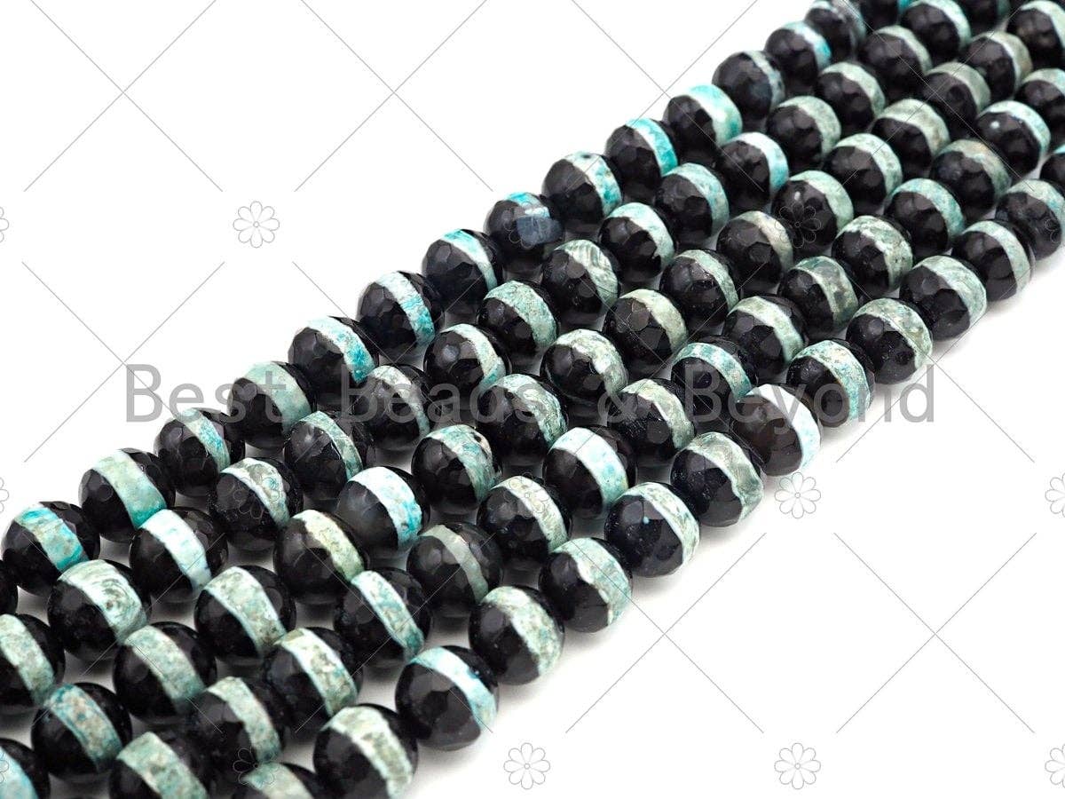 Dzi Agate Faceted Round Beads with Blue Line, 6mm/8mm/10mm/12mm, Light Blue Black Tibetan Beads, Agate Beads, 15.5'' Full Strand,Sku#U1071