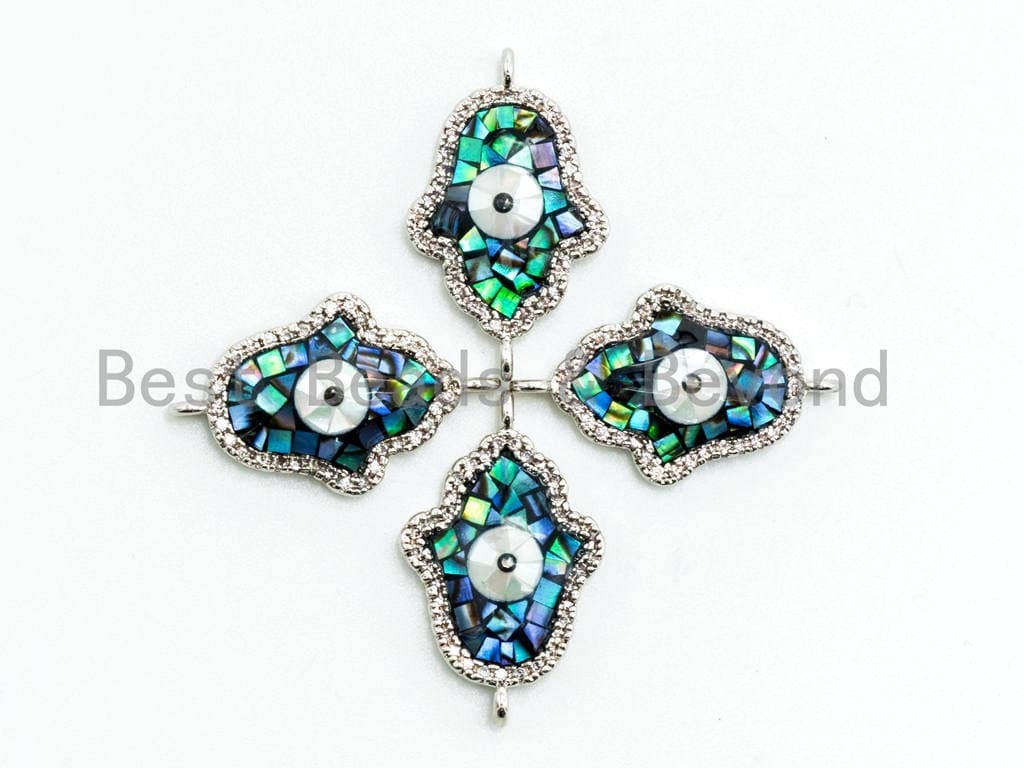 CZ Micro Pave Hamsa Hand Evil Eye Connector with Abalone  Pearl Shell, Cubic Zirconia CZ space connector,14x22mm, 1pc, SKU#Z23