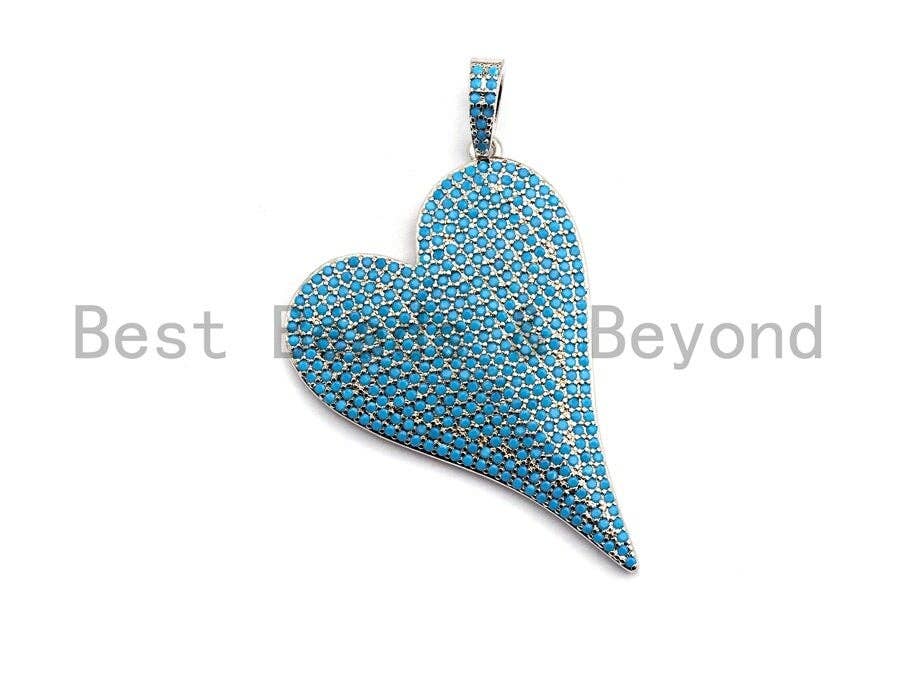 CZ Turquoise Micro Pave Large Heart Pendant, Heart Shaped Pave Pendant, Gold/Rose Gold/Silver/Gunmetal plated, 30x41mm, Sku#X55