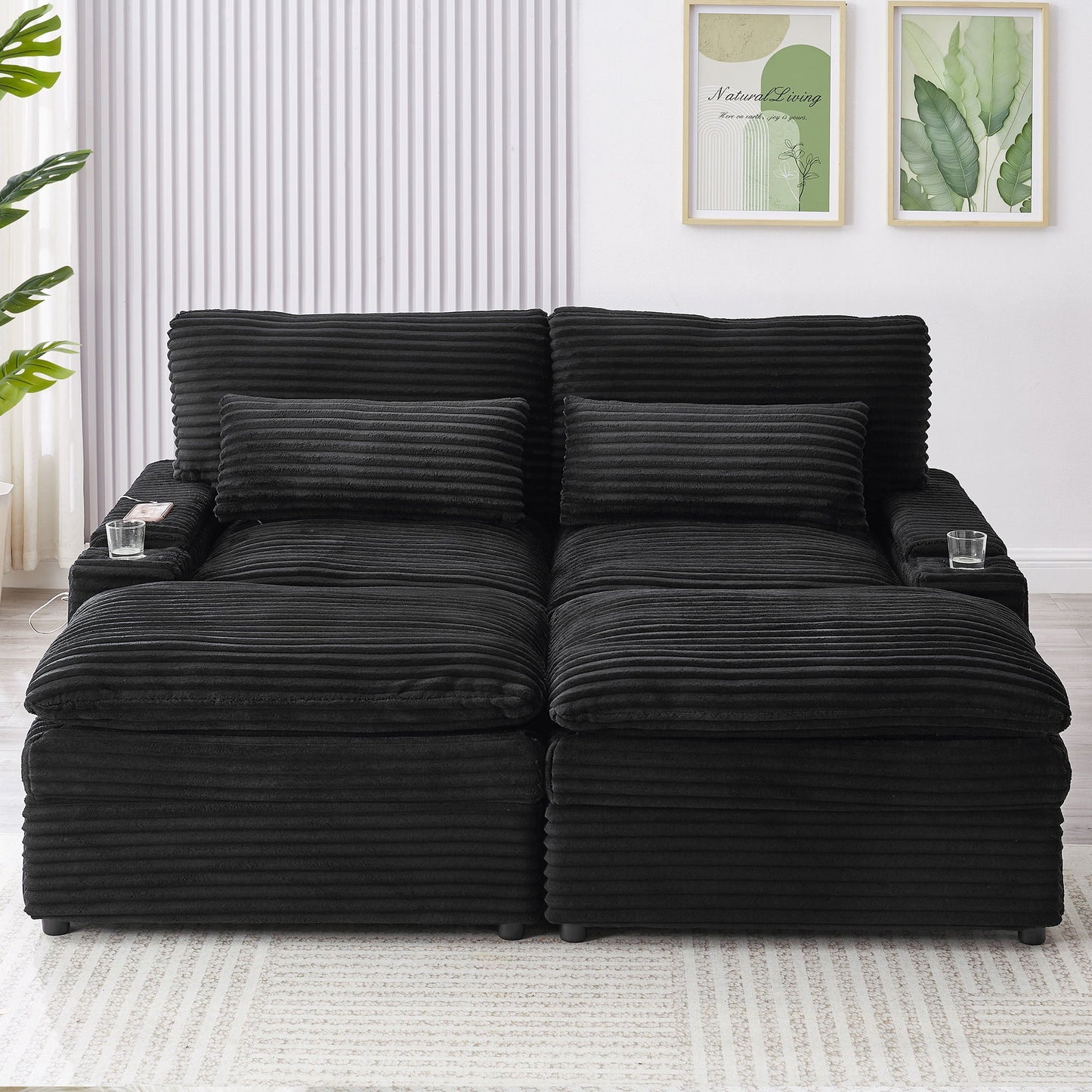 Convertible Loveseat Sofa With Storage, USB Ports, Cup Holders