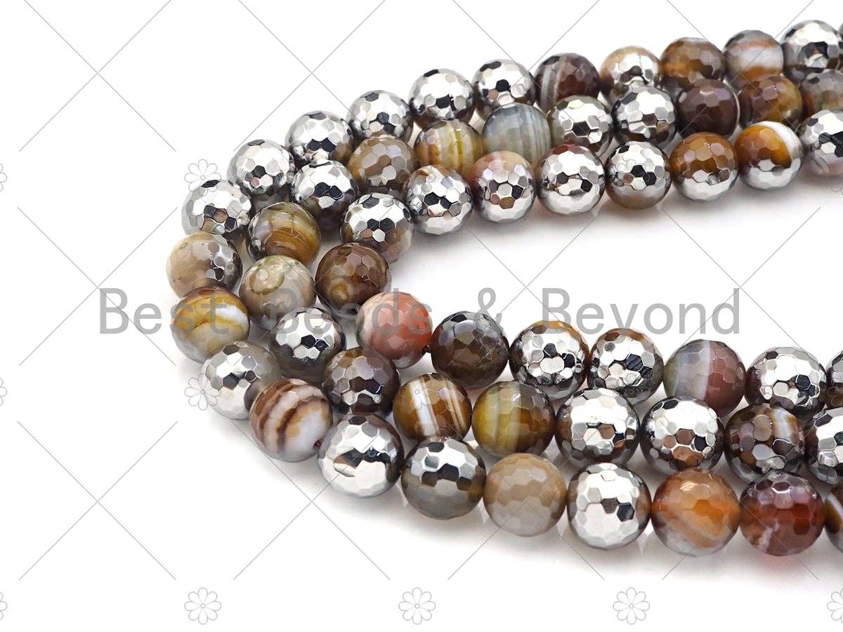 Natural Half Silver Plated Brown Agate Beads, 8mm/10mm/12mm Round Faceted Brown Green Beads, 15.5 Full Strand, sku# UA124