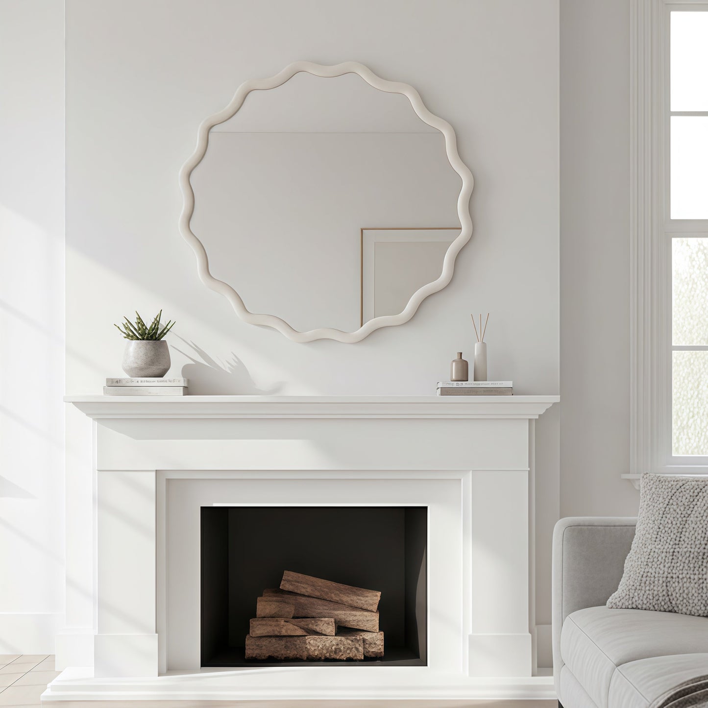 White 24 inch Wavy Round Solid Wood Frame Decorative Mirror