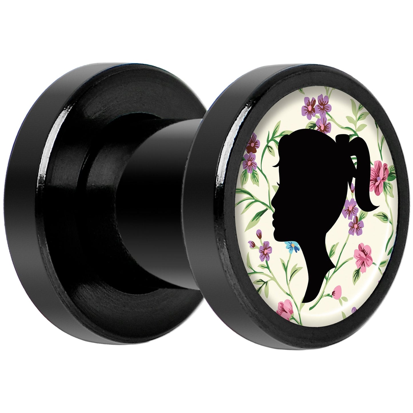 Man Woman Floral Silhouette Black Anodized Screw Fit Plug Set 2G