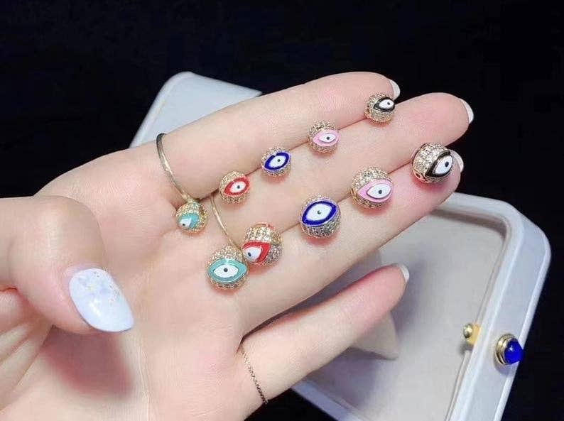 CZ Micro Pave Evil Eye Ball Beads, Gold Finish, 8mm/10mm Black/pink/Royal Blue/Tear Green/Red/Turquoise Blue Eye Pave Beads, Sku#G425
