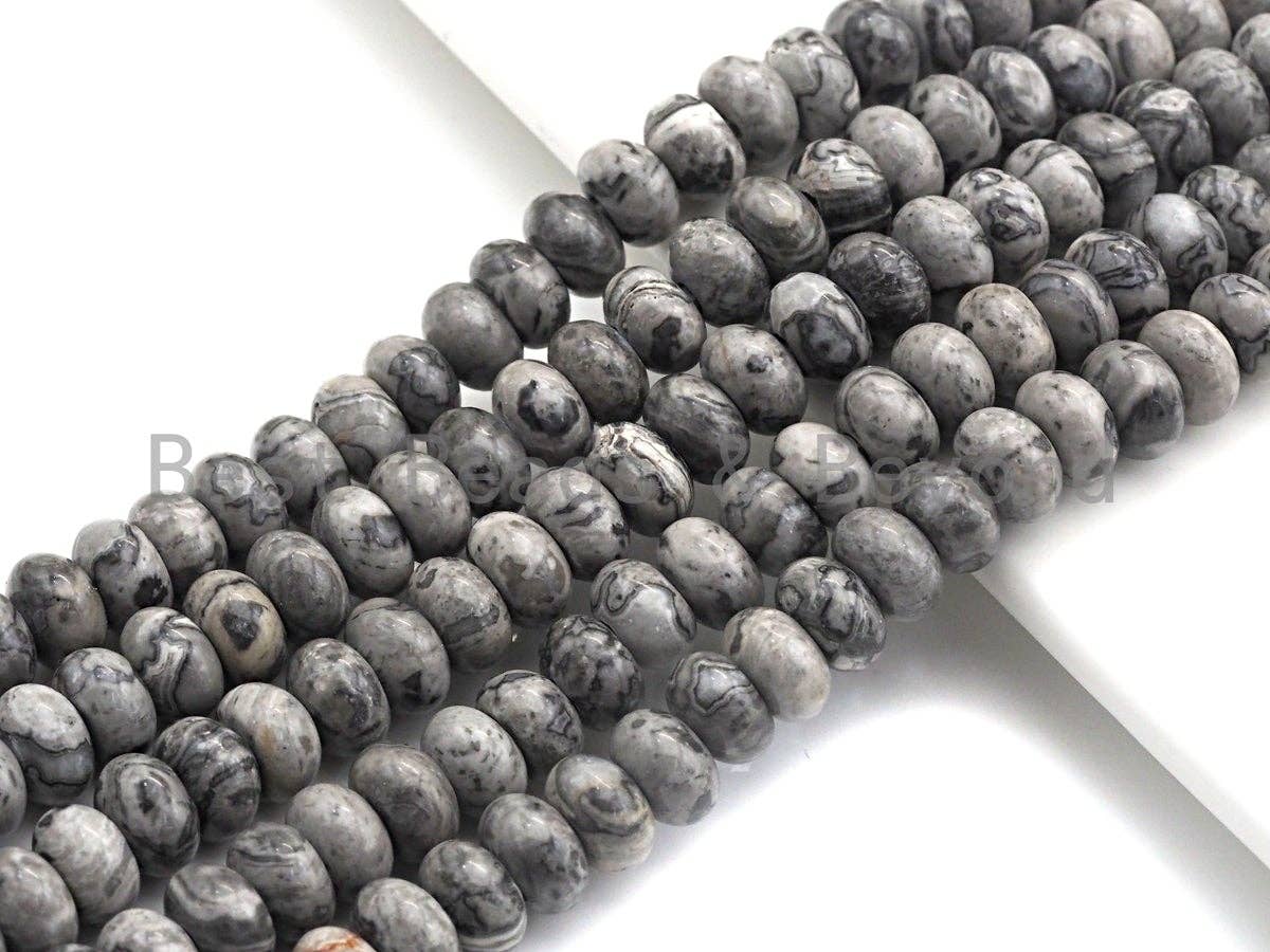 2mm Large Hole Natural Map Jasper Beads, Rondelle Smooth 6x10mm/5x8mm, 8" Long Strands, sku#U702