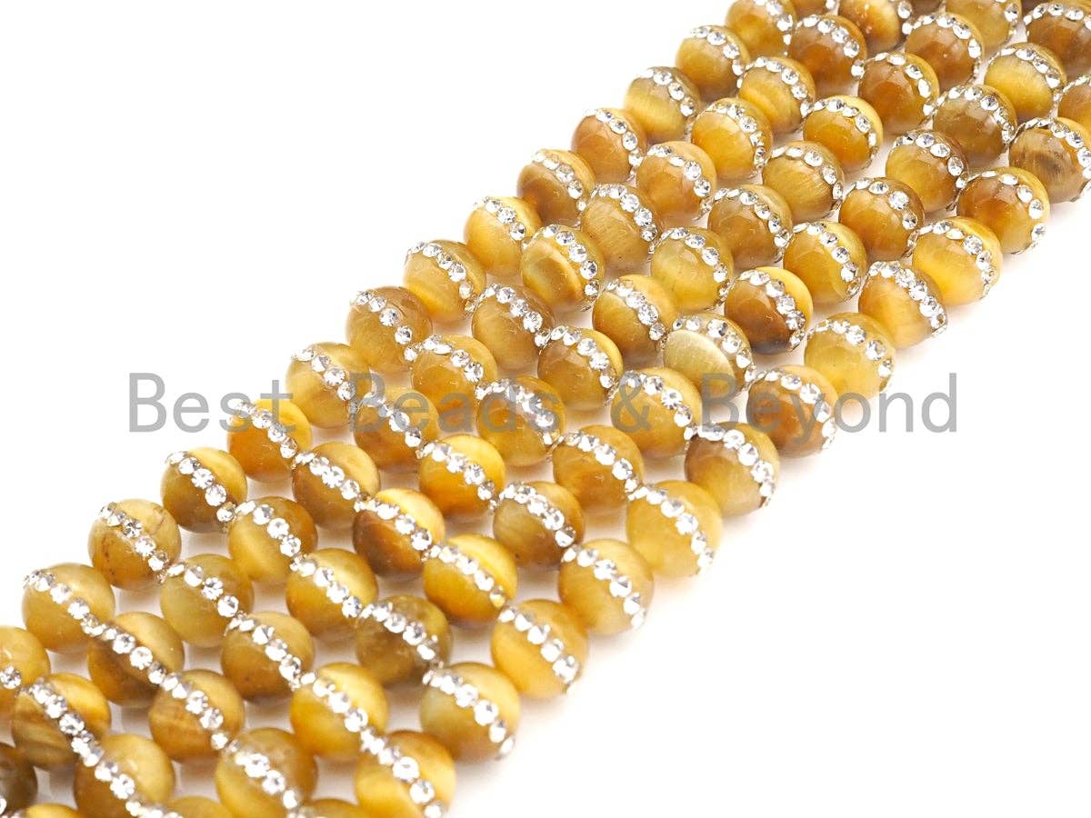 High Quality Golden Tiger Eye with Rhinestone Inlaid, 6mm/8mm/10mm/12mm Rpund Tiger eye Beads, 15.5'' Full Strand, SKU#V54