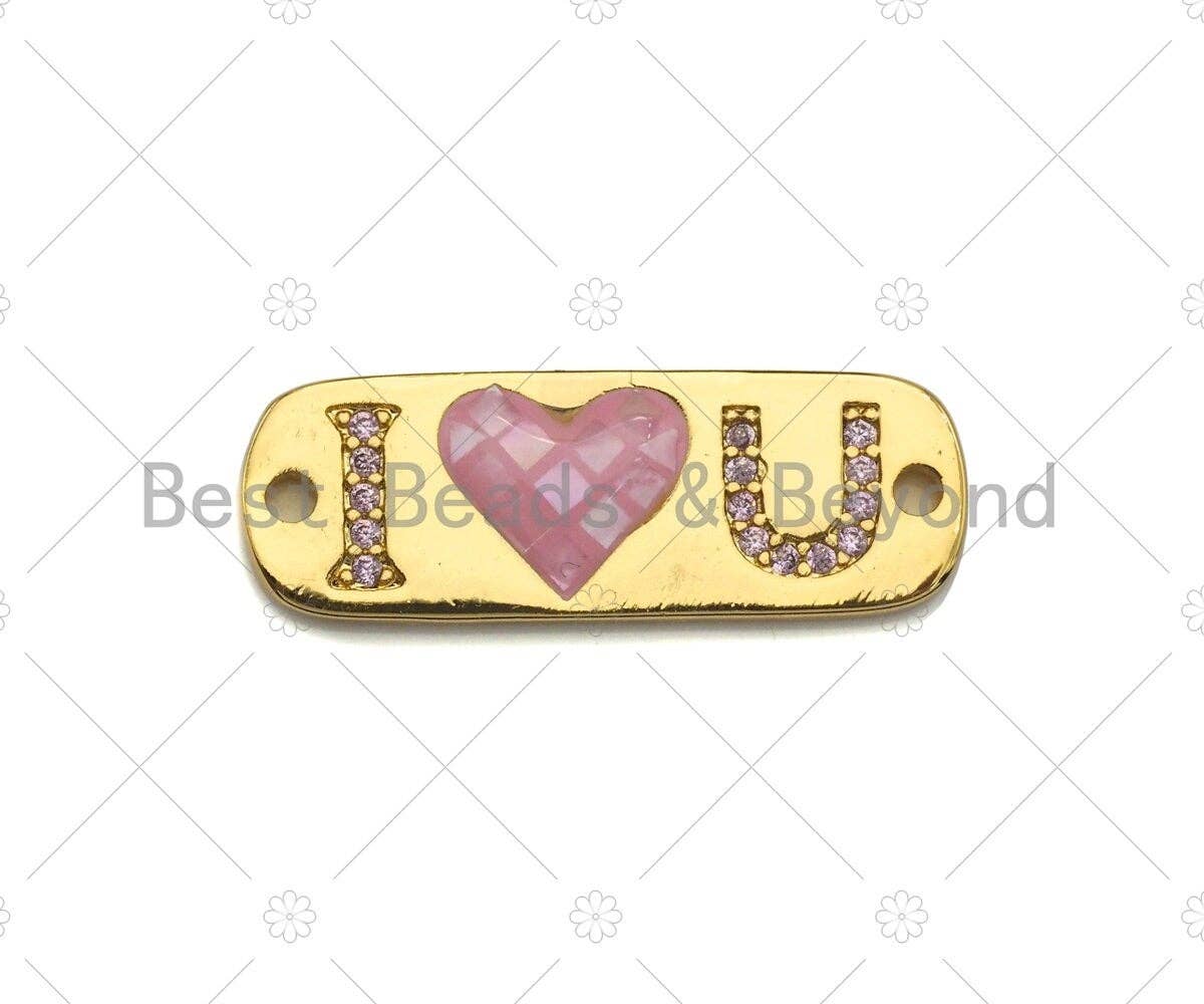I Love you  Connector, Pink Mother-of-pearl Bar Connector , Cubic Zirconia Pendant, Gold Tone,10x27 mm, Sku#LK75