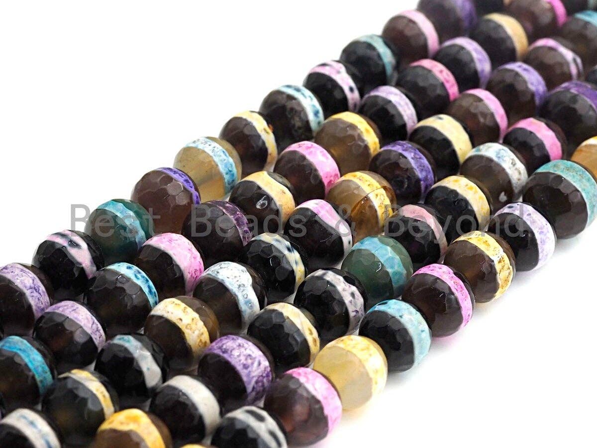 Dzi Agate faceted round beads with Rainbow line, 8mm/10mm/12mm/14mm, mixed color Tibetan beads, agate beads wholesale -15inch, sku#U628