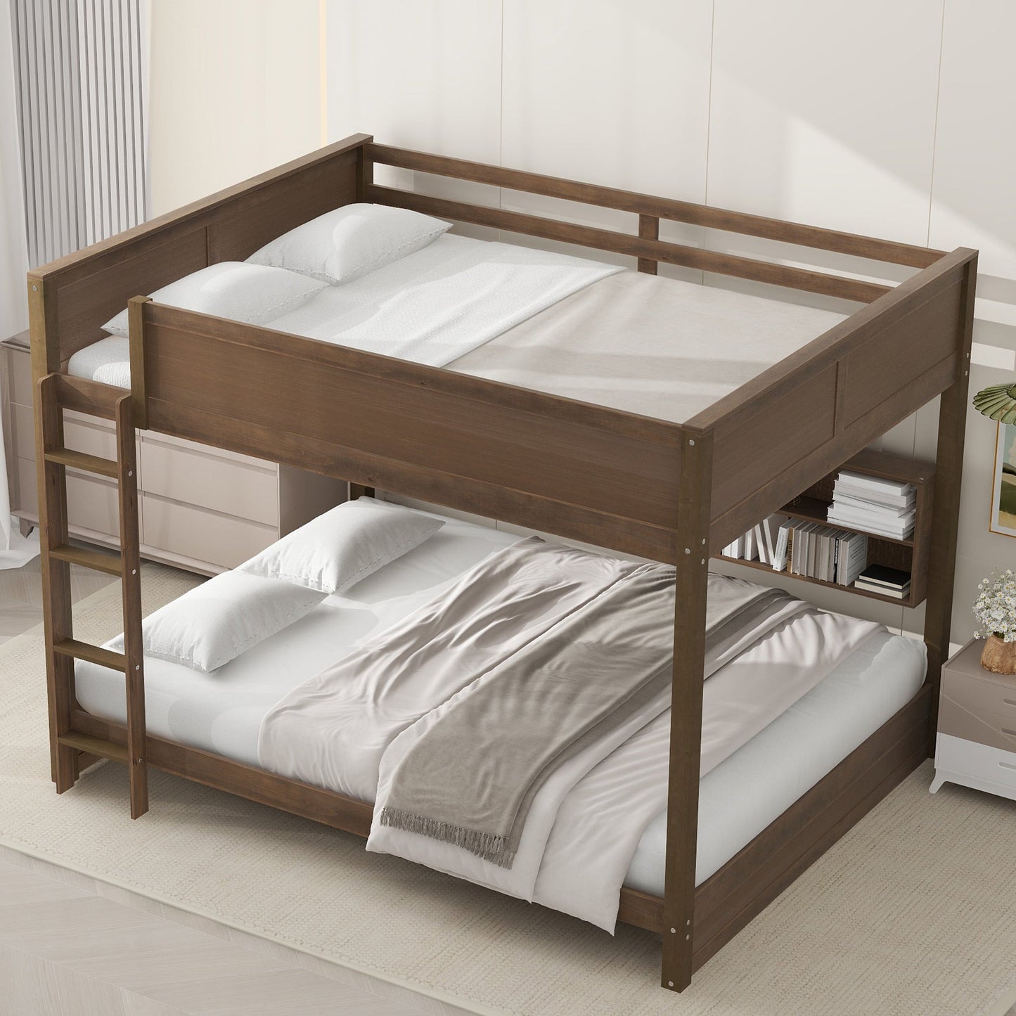 Queen over Queen Bunk Bed with Storage Cabinets and USB Ports
