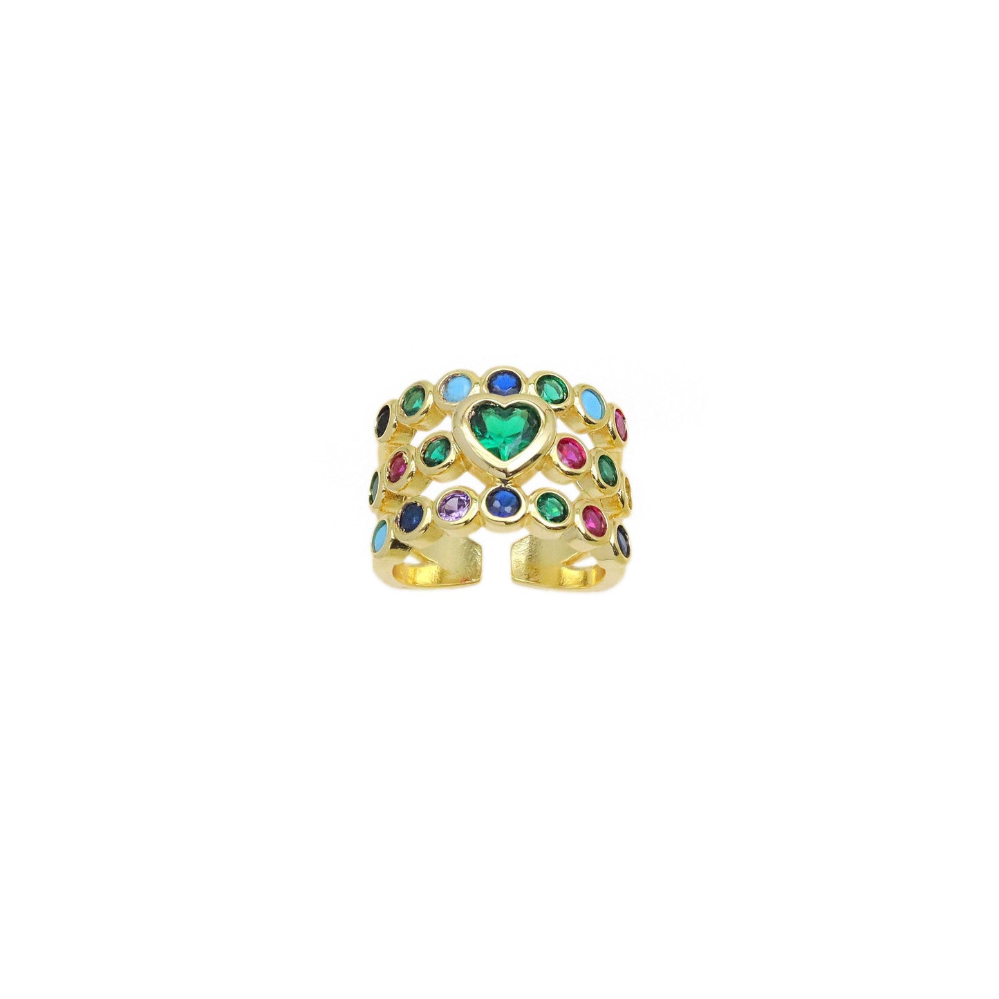 Colorful CZ Green Heart Multiline Gold Adjustable Ring, Sku#Z1480