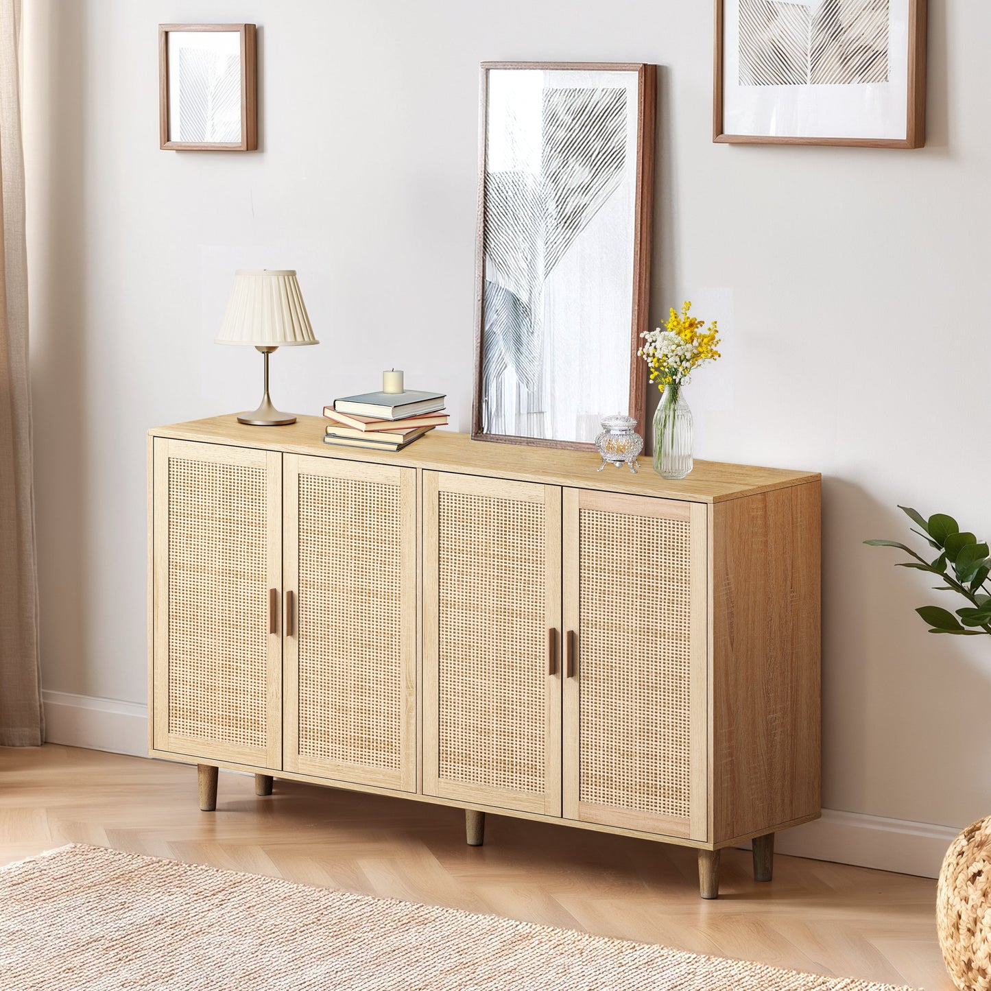 Elegant and Functional 4-Door Rattan Decorative Storage Cabinet