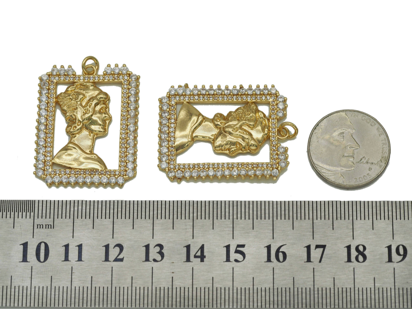 Gold Lady Head On CZ Rectangle Frame Charm, Sku#L673