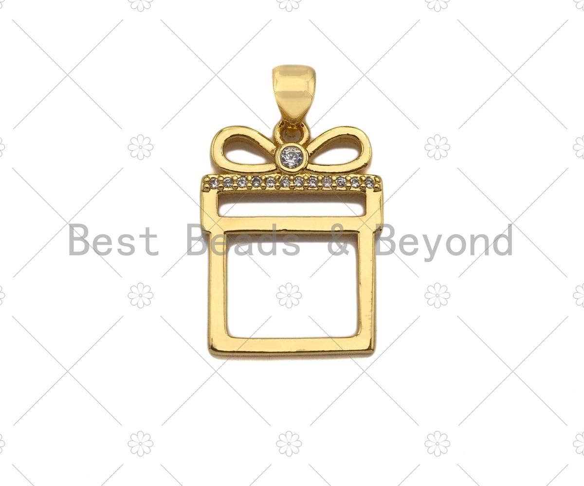 CZ Micro Pave 18k Gold Color Gift Box Shape Pendant, Cubic Zirconia Pendant, Christmas Charm, 20x15mm, Sku#LK206