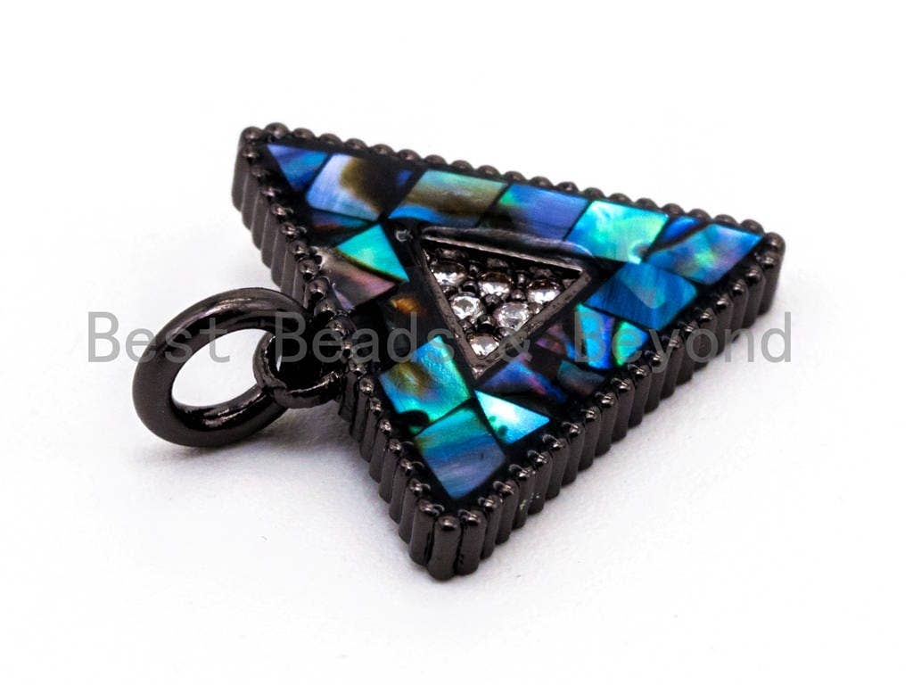 CZ Micro Pave Triangular Pendant with Abalone Pearl Shell, Cubic Zirconia Pendant,14x15mm, Sku#F467