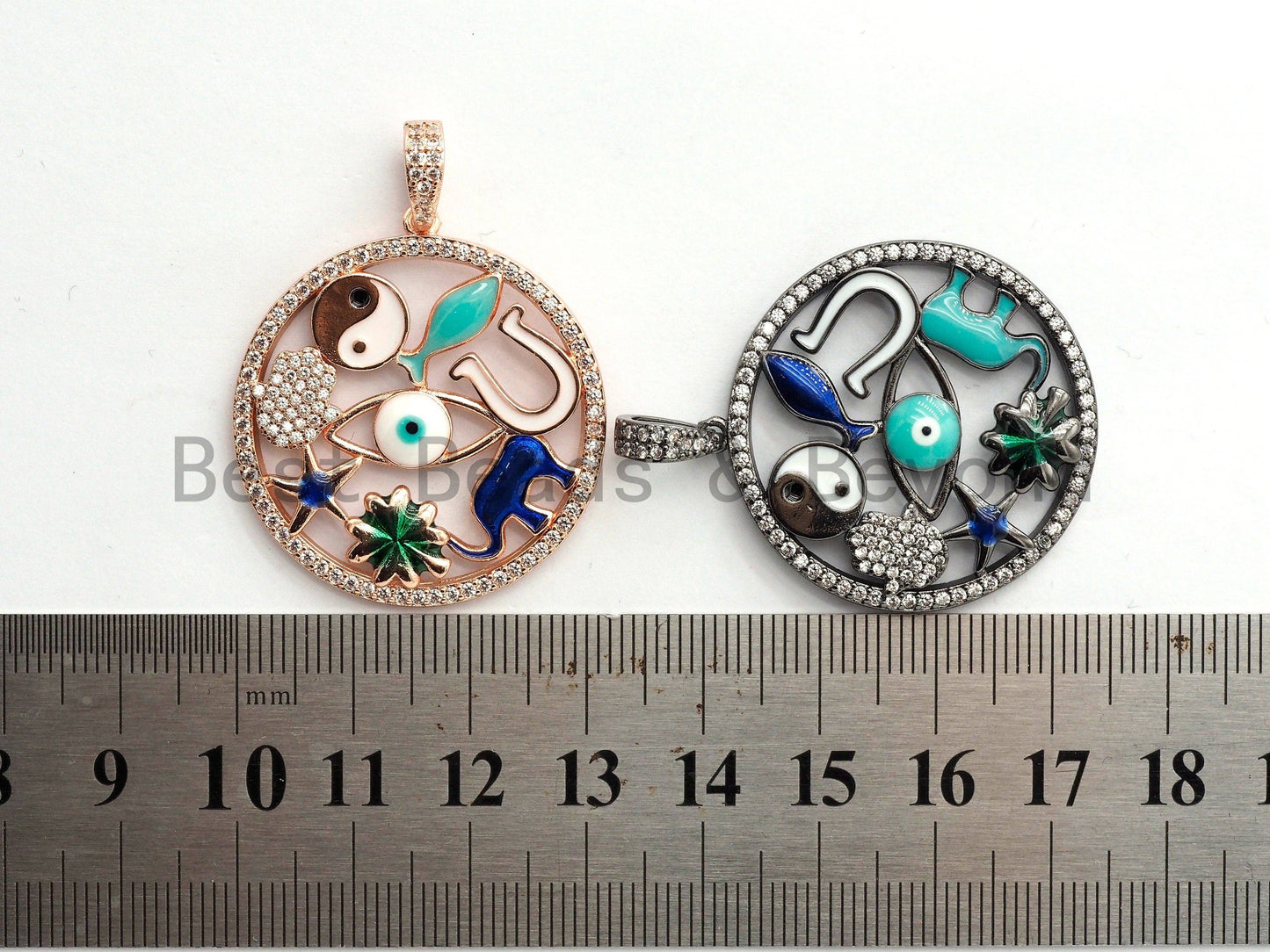 LARGE Enamel Round Artisan Pendant,Clear CZ Micro Pave Oil Drop Round Protection pendant,Enamel pendant,Enamel Jewelry,32x34mm,sku#F594