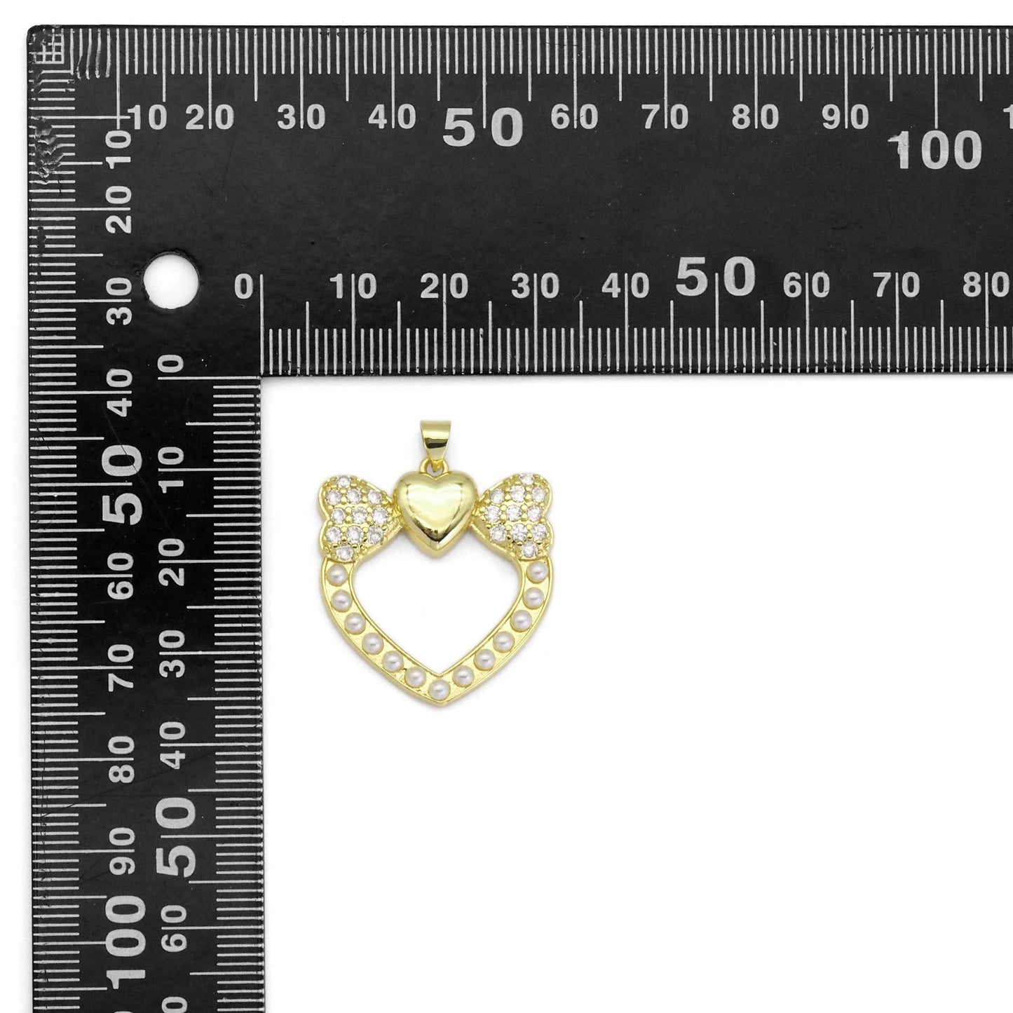 Gold CZ Bow Heart Pearl Around Charm, Sku#LK882