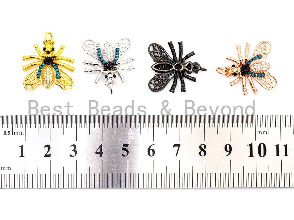 FLY Inspired Charm, CZ Micro Pave Insect Pendant, Cubic Zirconia Pendant,Gold/Rose Gold/Silver/Black,20x21x49mm,SKU#F439