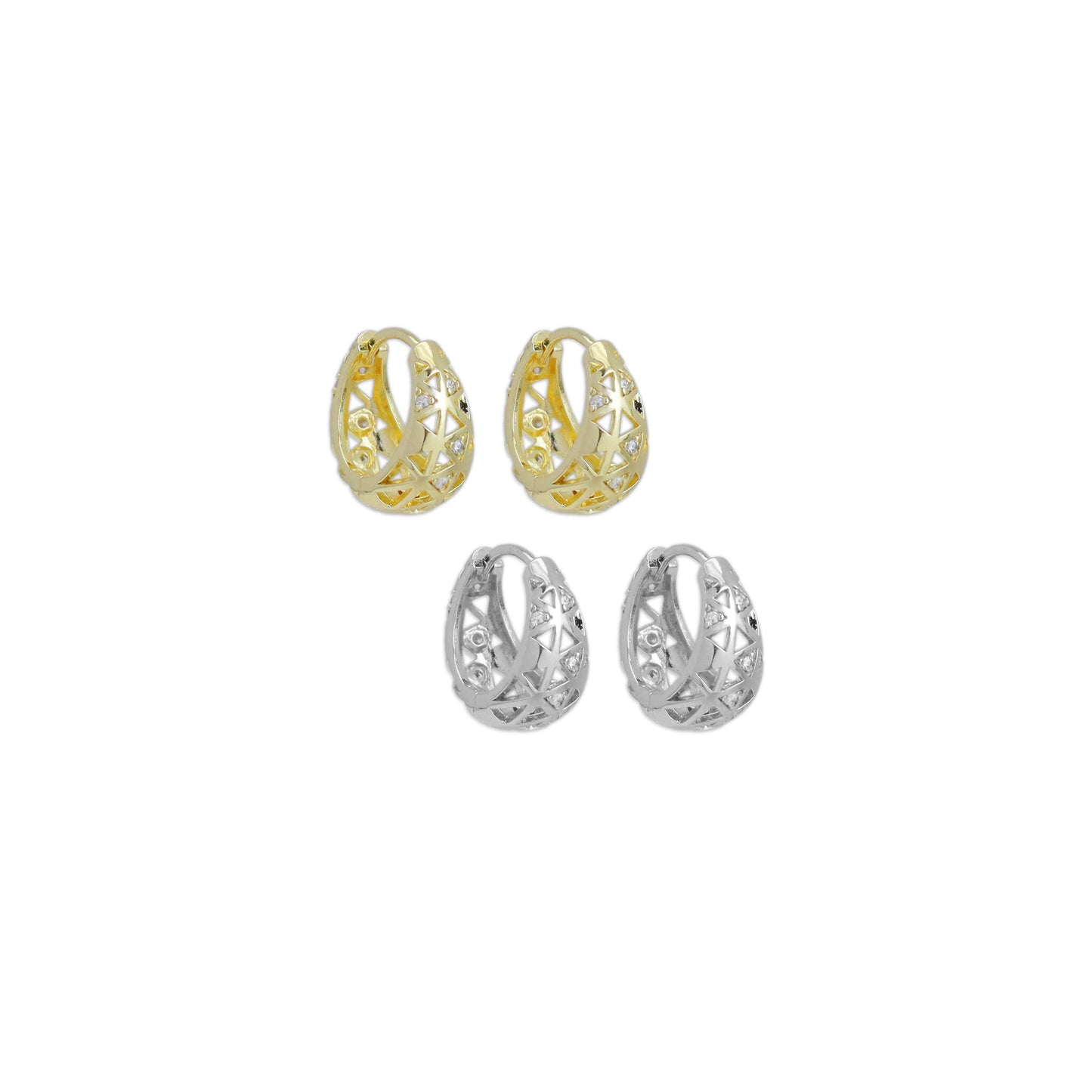 Gold Silver Diamond oval Cage Huggie Earrings, Sku#A233
