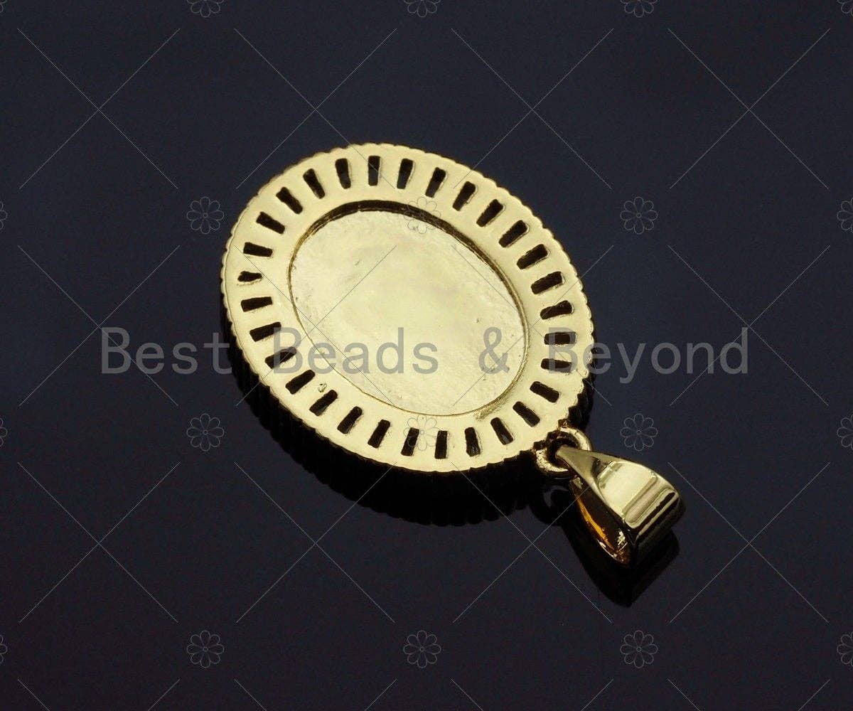 18K Gold Virgin Mary On Oval Emblem Shape Pendant, Oval Charm, Virgin Mary Pave Pendant, Dainty Gold Charm,21x15mm, Sku#F1155