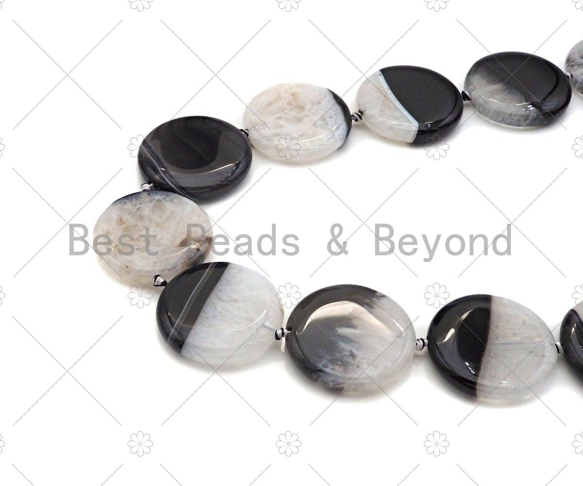 High Quality Natural Black White Druzy Agate Beads, 35mm Round Coin Smooth Agate,Necklace Bracelet Jewelry,15.5'' Full Strand,Sku#YK05