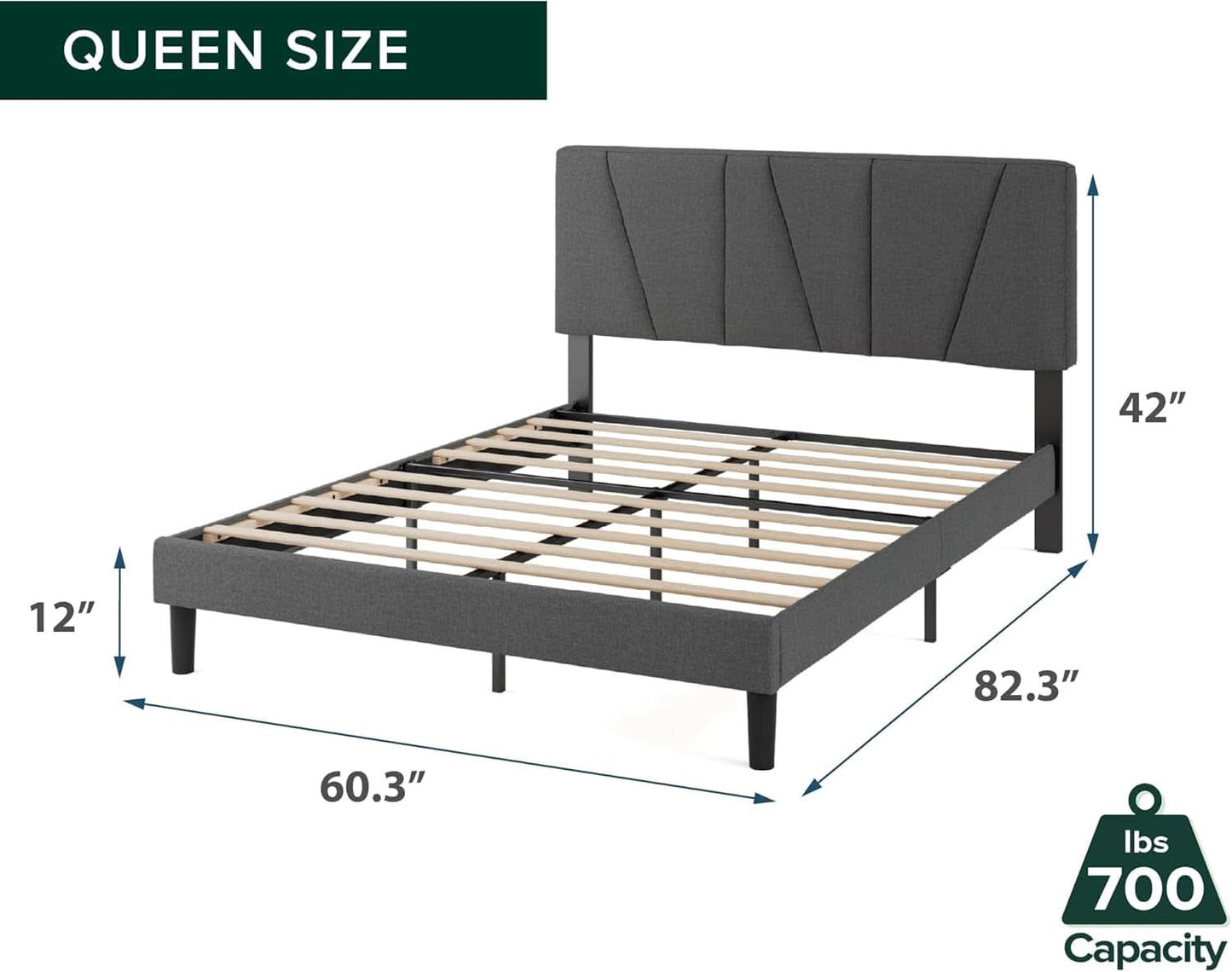 Queen Size Upholstered Bed Frame With Asymmetric Headboard