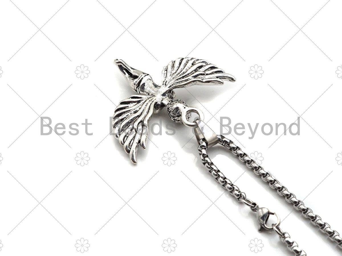 Protecion Angel Pendant Stainless Steel Necklace-Men's Necklace - Symbolic Jewelry - Silver Chain Pendant Necklace, sku#L345