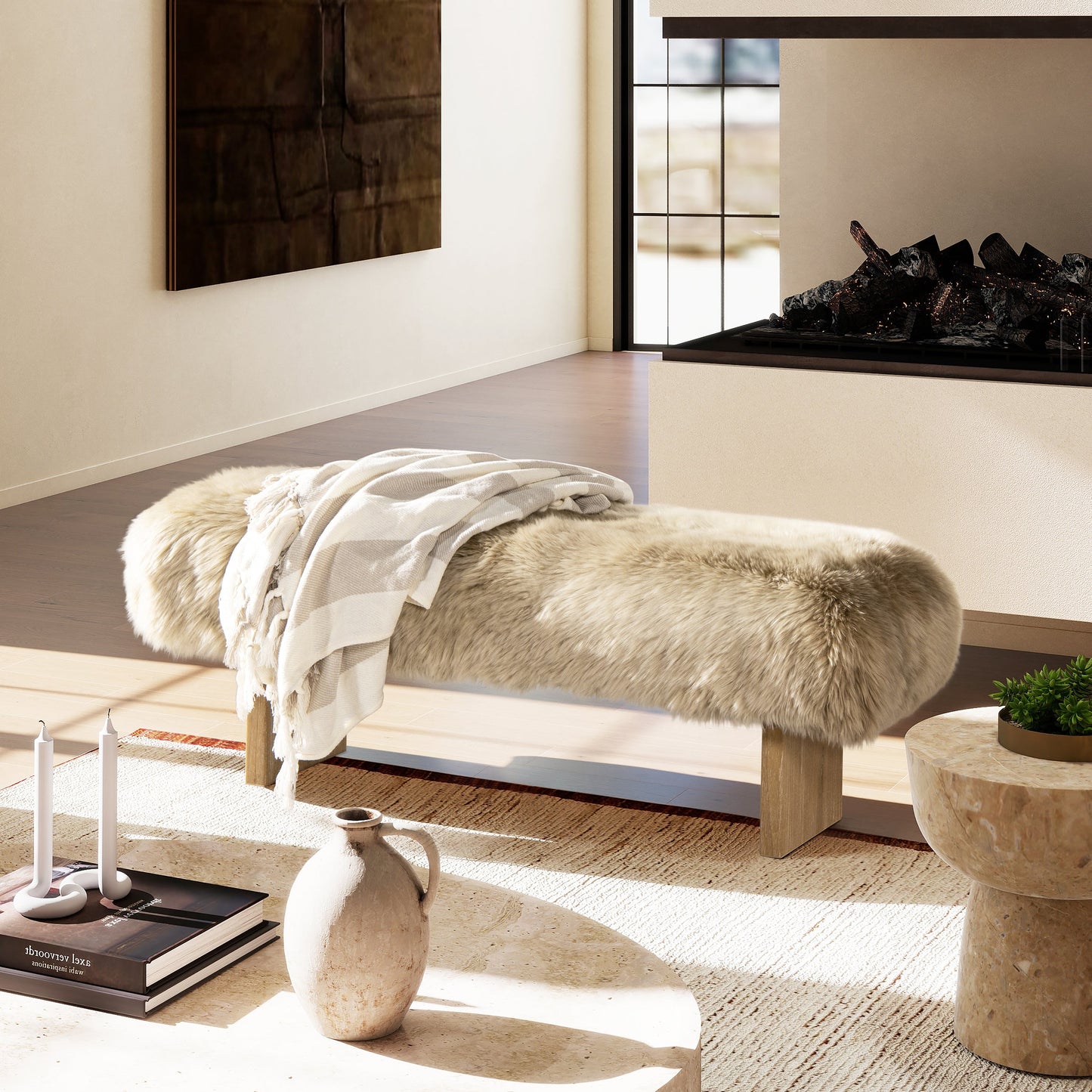 Leda 49" Sheepskin Fur Rectangular Accent Bench