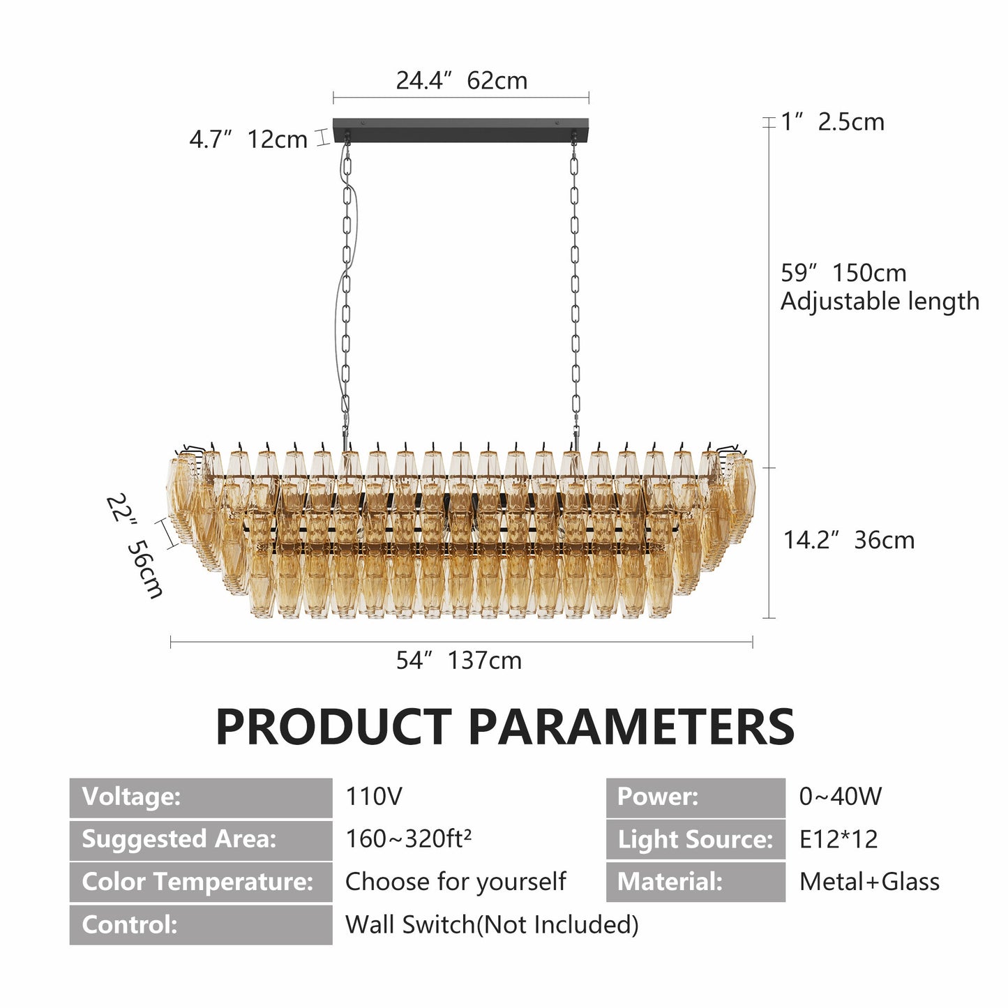 54" Black Rectangular Chandelier