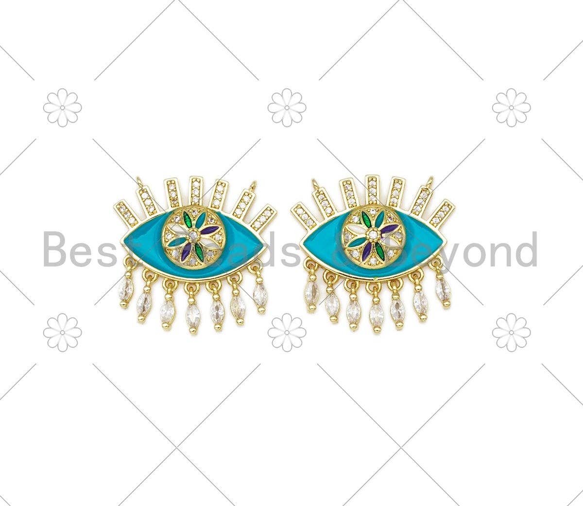 CZ Micro Pave Enamel Turquoise Flower On Evil Eye Shape Pendant, Necklace Pendant, Enamel Charm,Enamel Jewelry Findings,25x24mm,Sku#L613