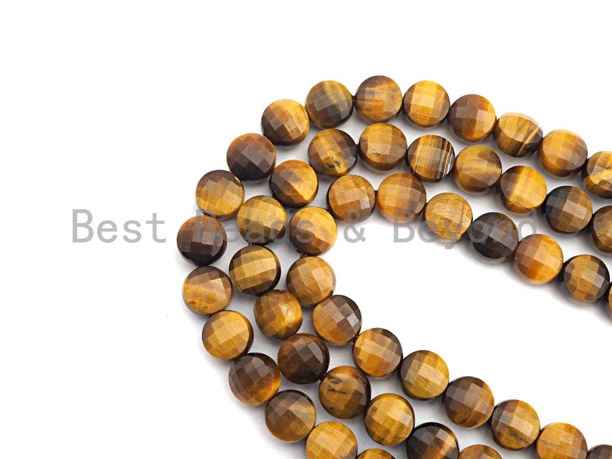High Quality Natural Yellow Tiger Eye Checkerboard Cut Coin Shape Beads, 6mm/8mm/10mm Turtle Shell Cut Tiger Eye, 16" Full strand, Sku#U576