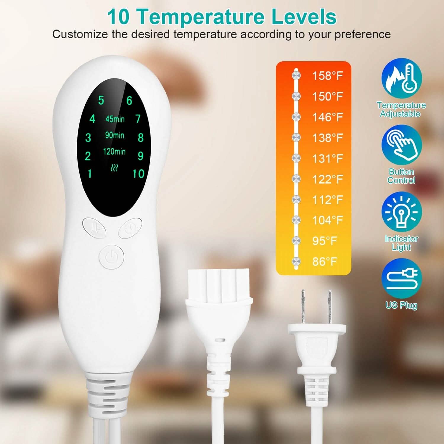 Electric Heating Pad for Back Abdomen Shoulder with 10 Adjustable Temperature Smart Timer Setting
