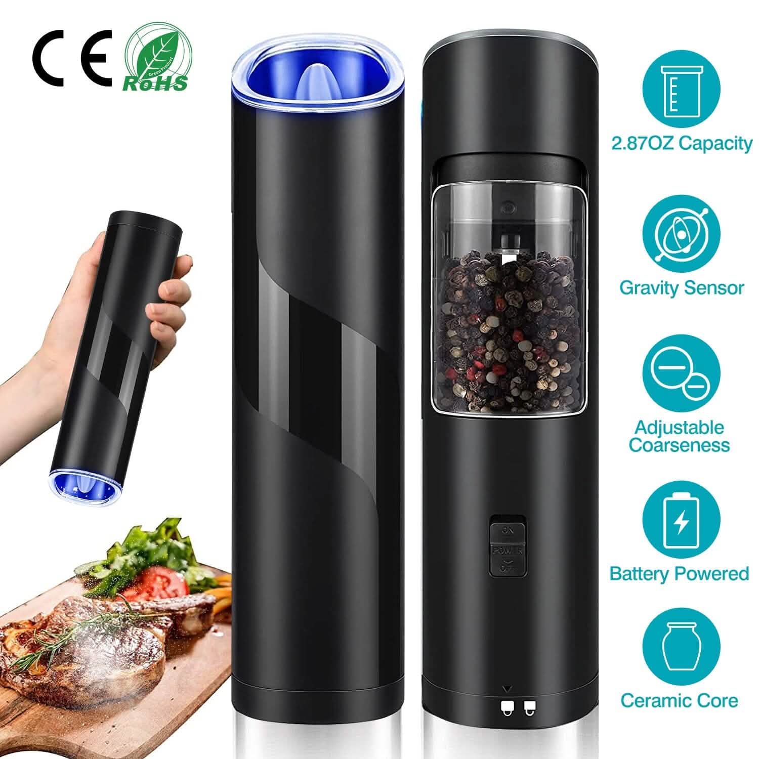 Electric Salt and Pepper Grinder LED Indicator Adjustable Coarseness