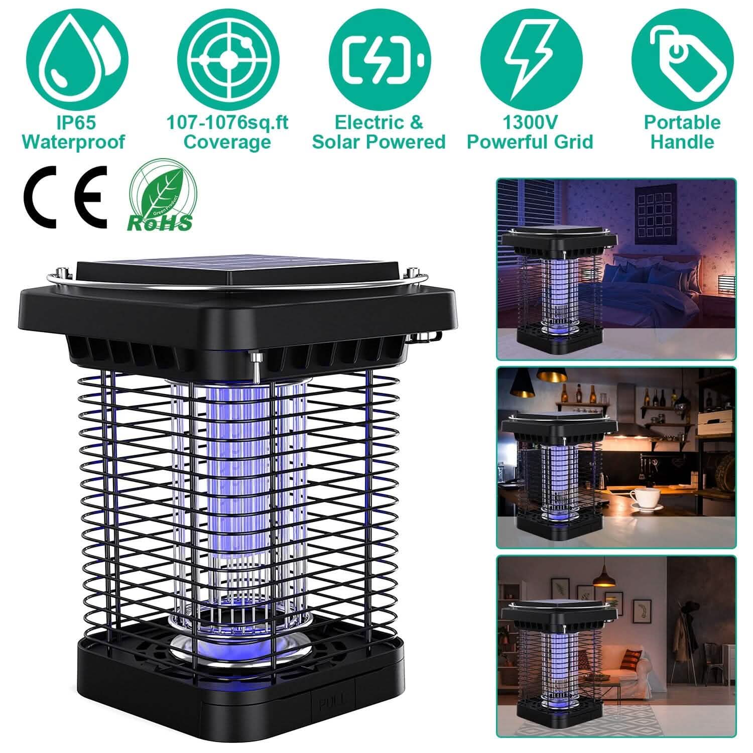 Electric Solar Powered Bug Zapper Lamp IP65 Waterproof for Indoor and Outdoor