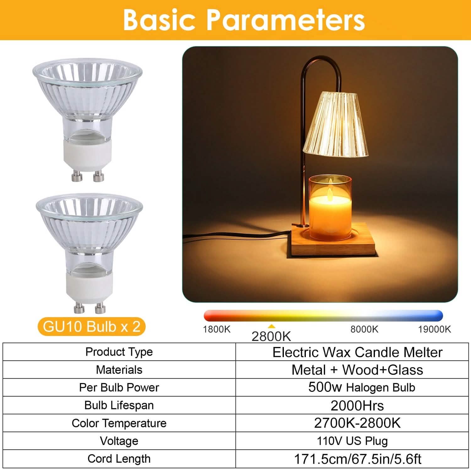 Electric Wax Melt Warmer Lamp Dimmable with 2 GU10 Bulbs 3-7in Adjustable Height 360º Rotatable