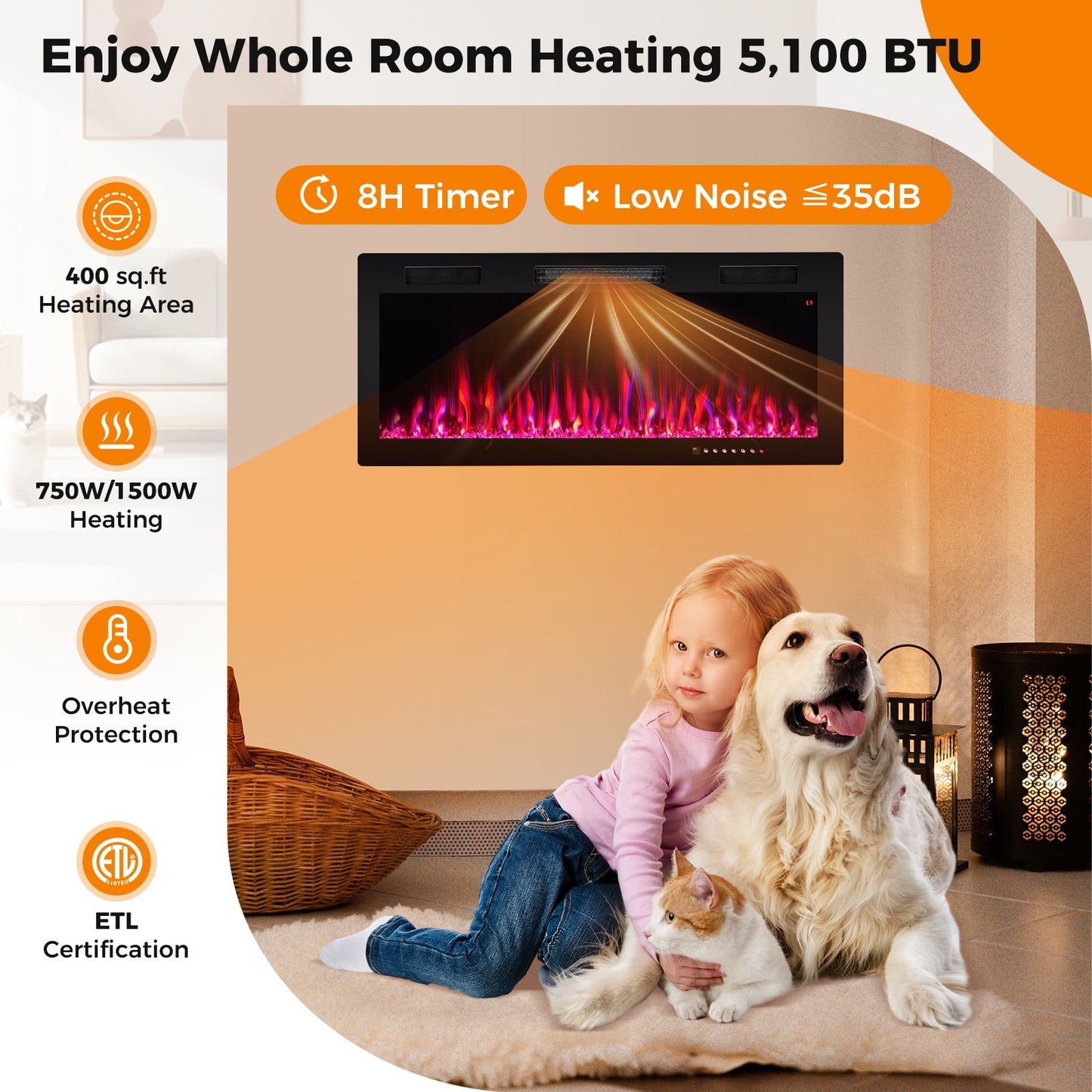 Electric Fireplace 40/50/60 Inches Recessed and Wall Mounted for 2' x 6' Stud