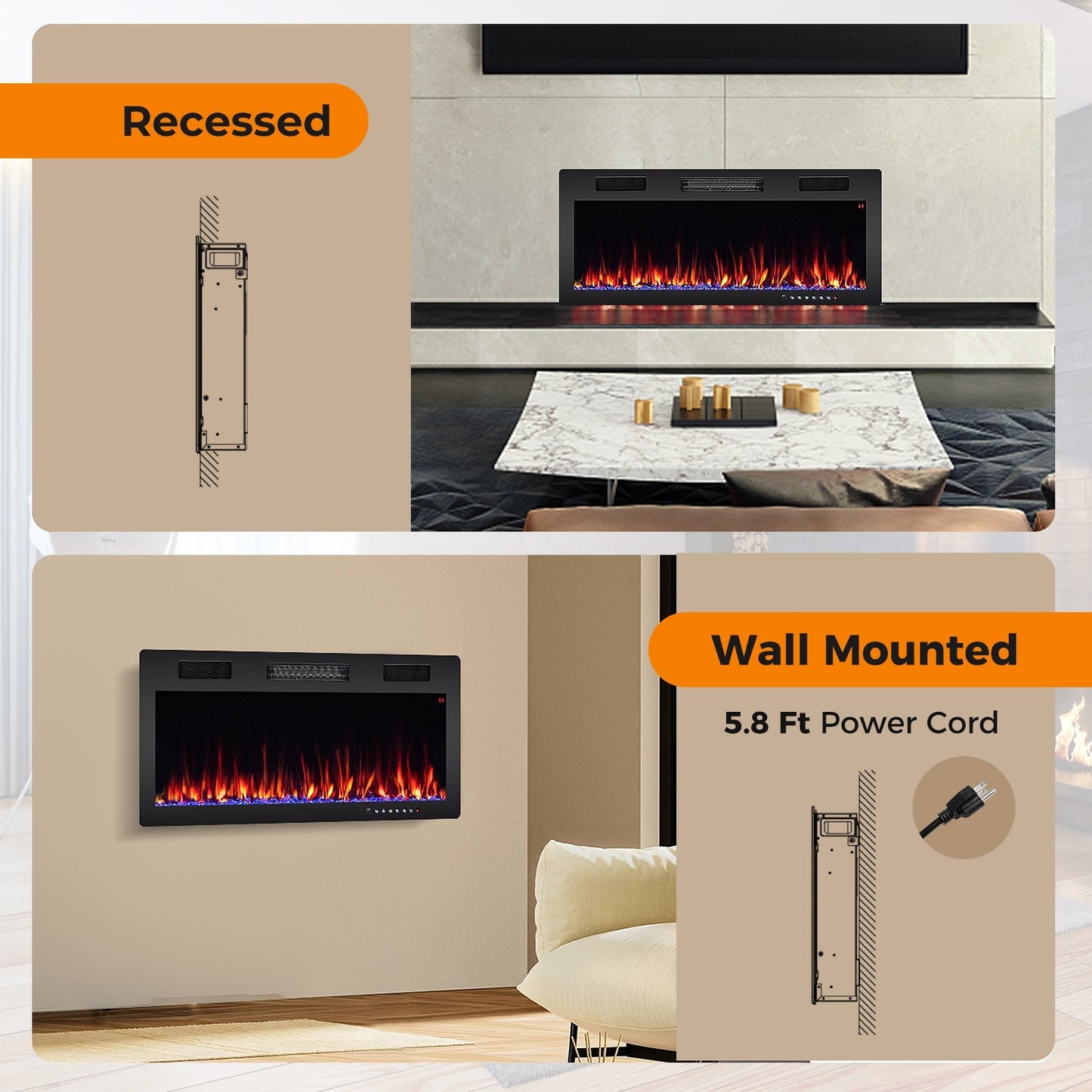Electric Fireplace 40/50/60 Inches Recessed and Wall Mounted for 2' x 6' Stud