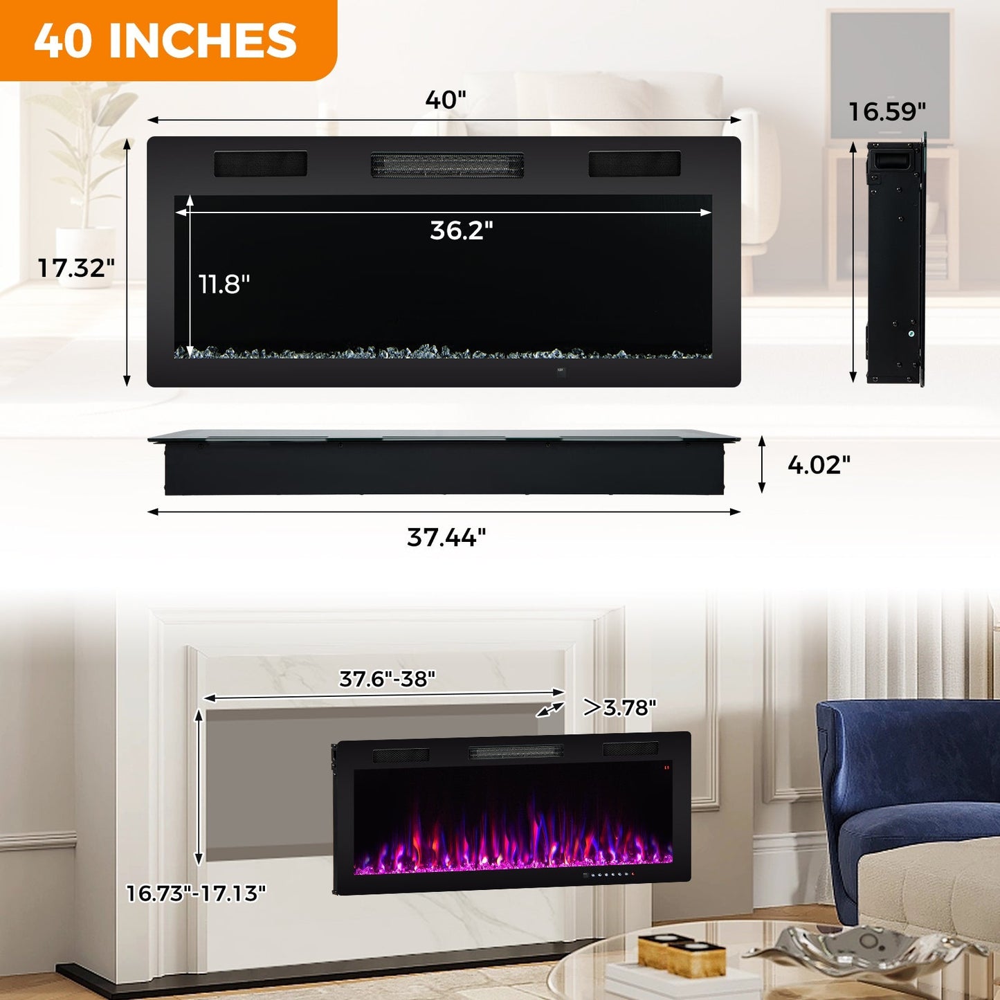Electric Fireplace 40/50/60 Inches Recessed and Wall Mounted for 2' x 6' Stud