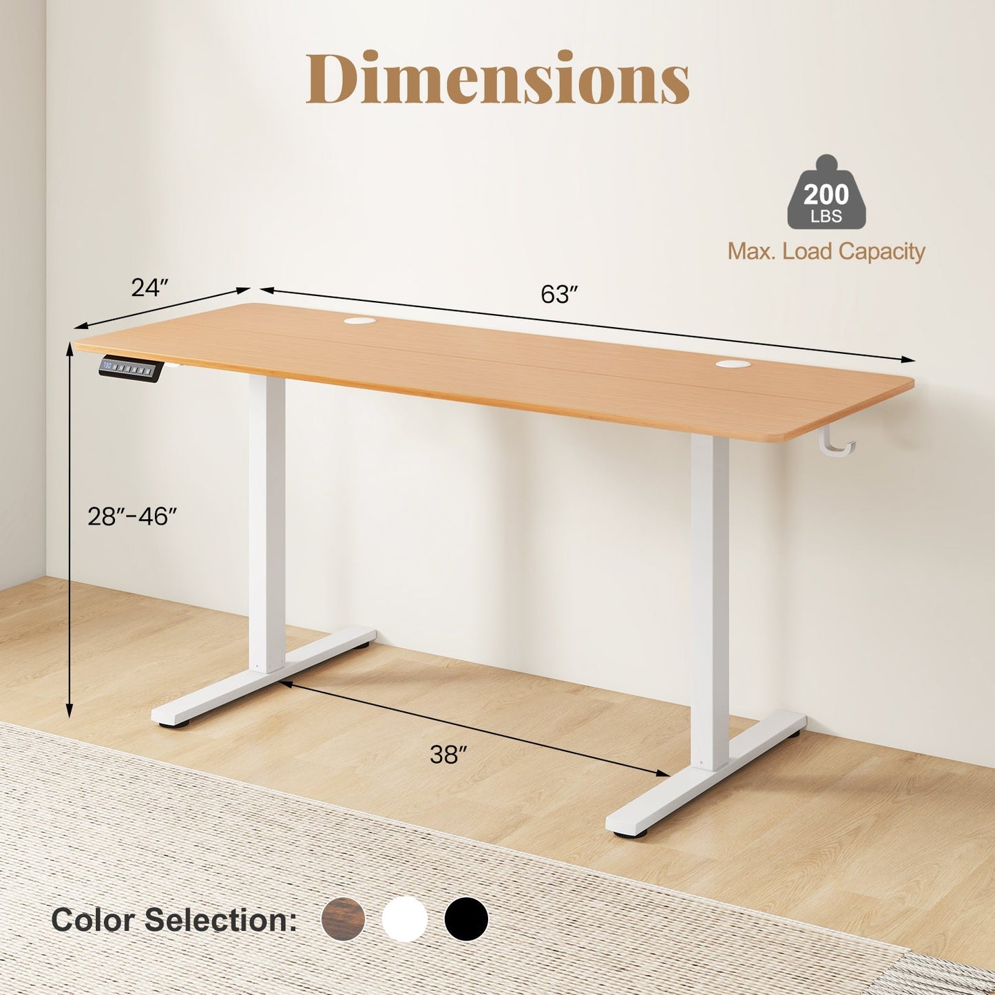 Electric Standing Desk with 3 Memory Heights and 2 Hanging Hooks and Cable Holes