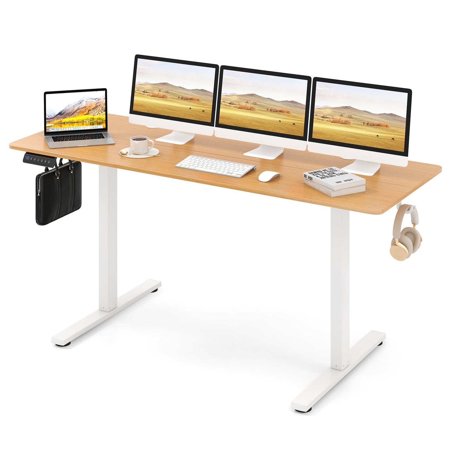 Electric Standing Desk with 3 Memory Heights and 2 Hanging Hooks and Cable Holes