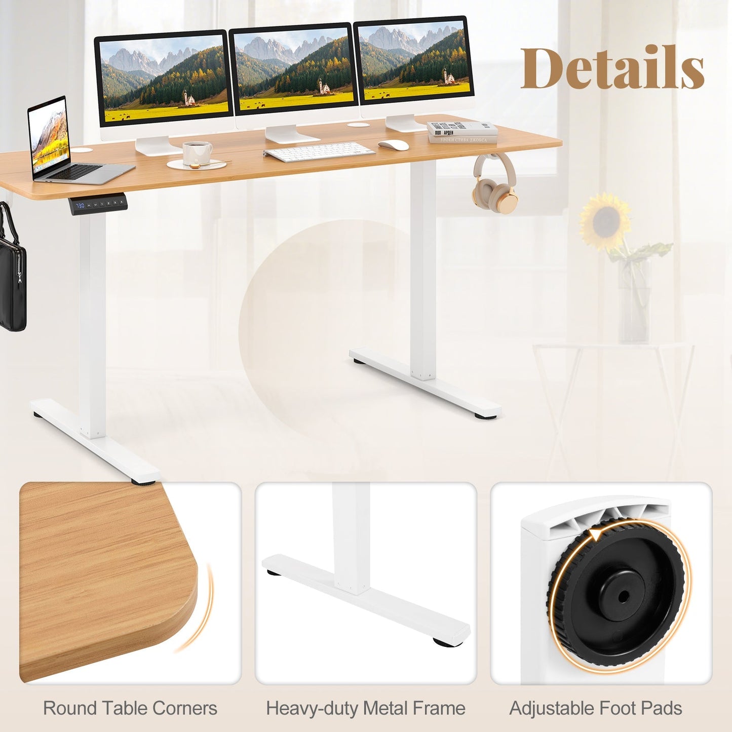 Electric Standing Desk with 3 Memory Heights and 2 Hanging Hooks and Cable Holes