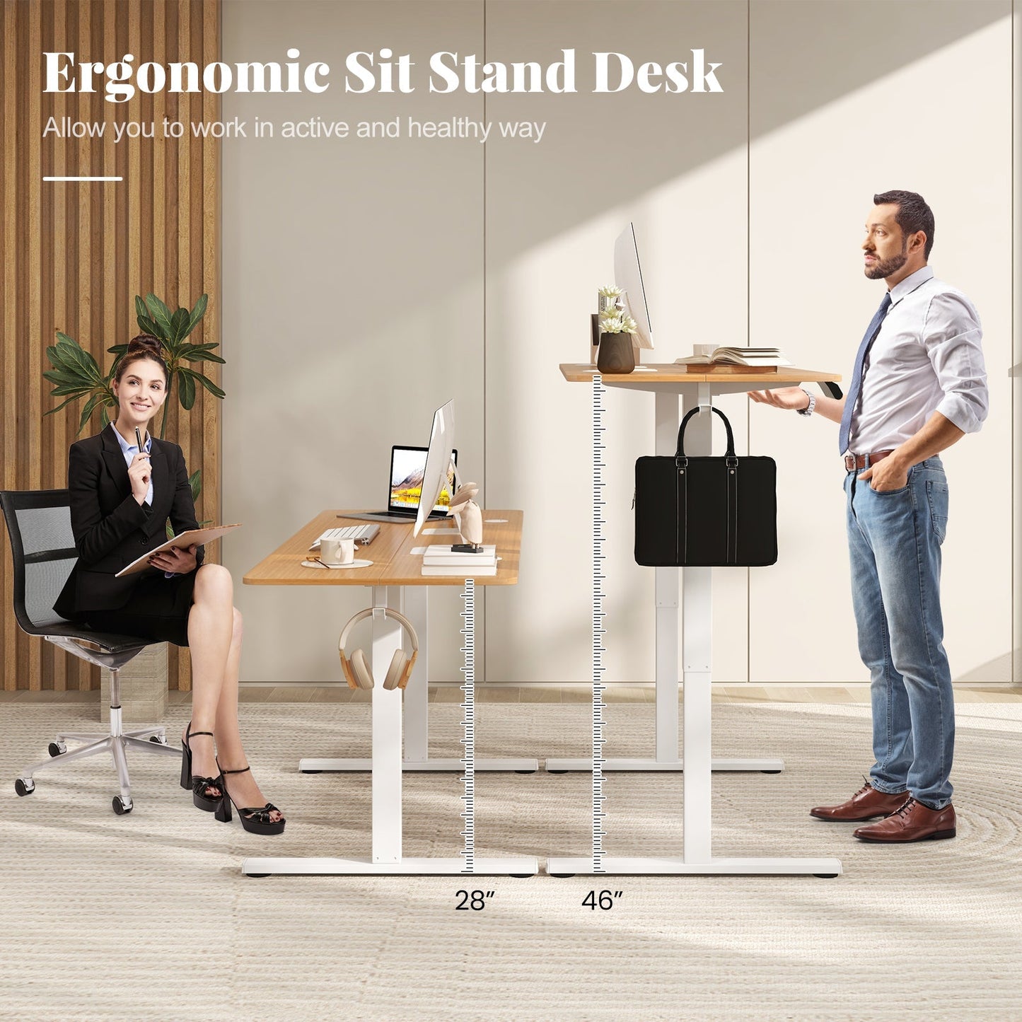Electric Standing Desk with 3 Memory Heights and 2 Hanging Hooks and Cable Holes