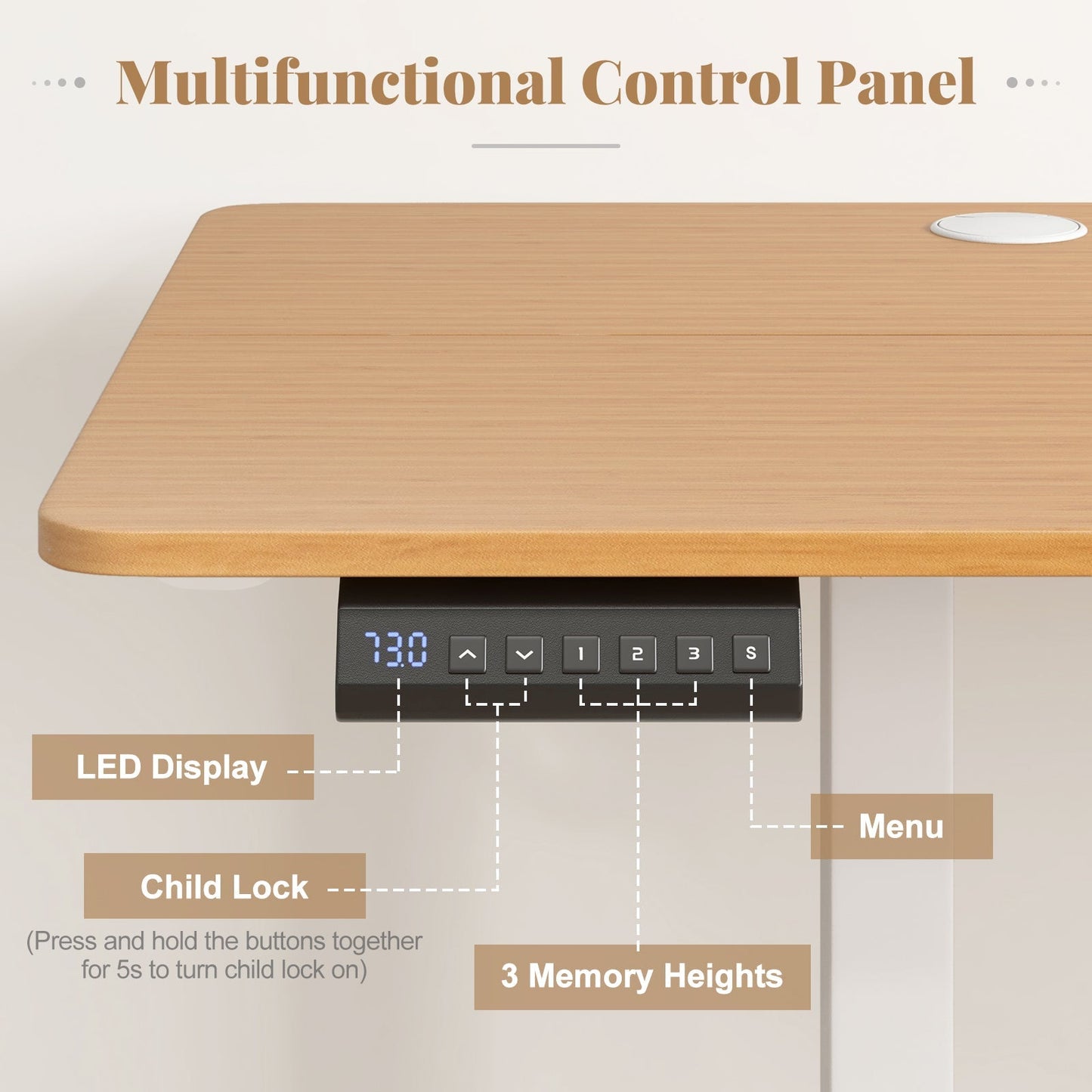Electric Standing Desk with 3 Memory Heights and 2 Hanging Hooks and Cable Holes
