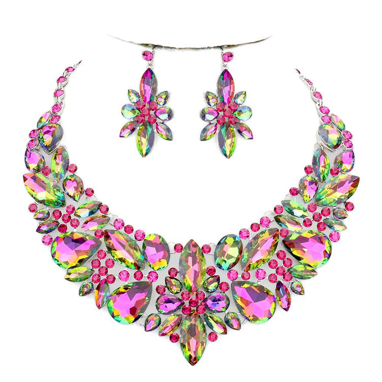Elegant Multi Stone Evening Necklace Earrings Set