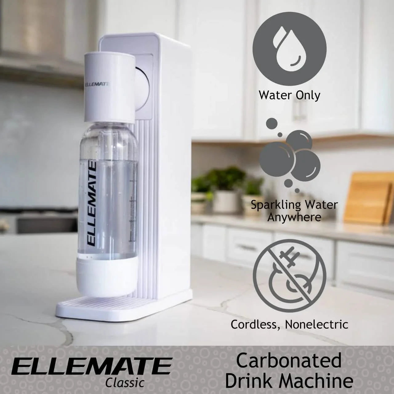 Ellemate Classic Carbonated Drink Maker, Seltzer Water with One-Push Fizz Technology, Cordless Carbonation for Bubbly Water