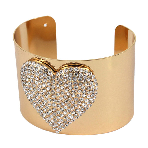 Embellished Rhinestone Heart Wide Cuff Bracelet